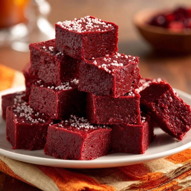 Cranberry-Fudge, gestapelt auf einem weißen Teller, dekoriert mit weißen Zuckerstreuseln, bereit zum Genießen. Die leckeren Fudge-Quadrate sind perfekt.