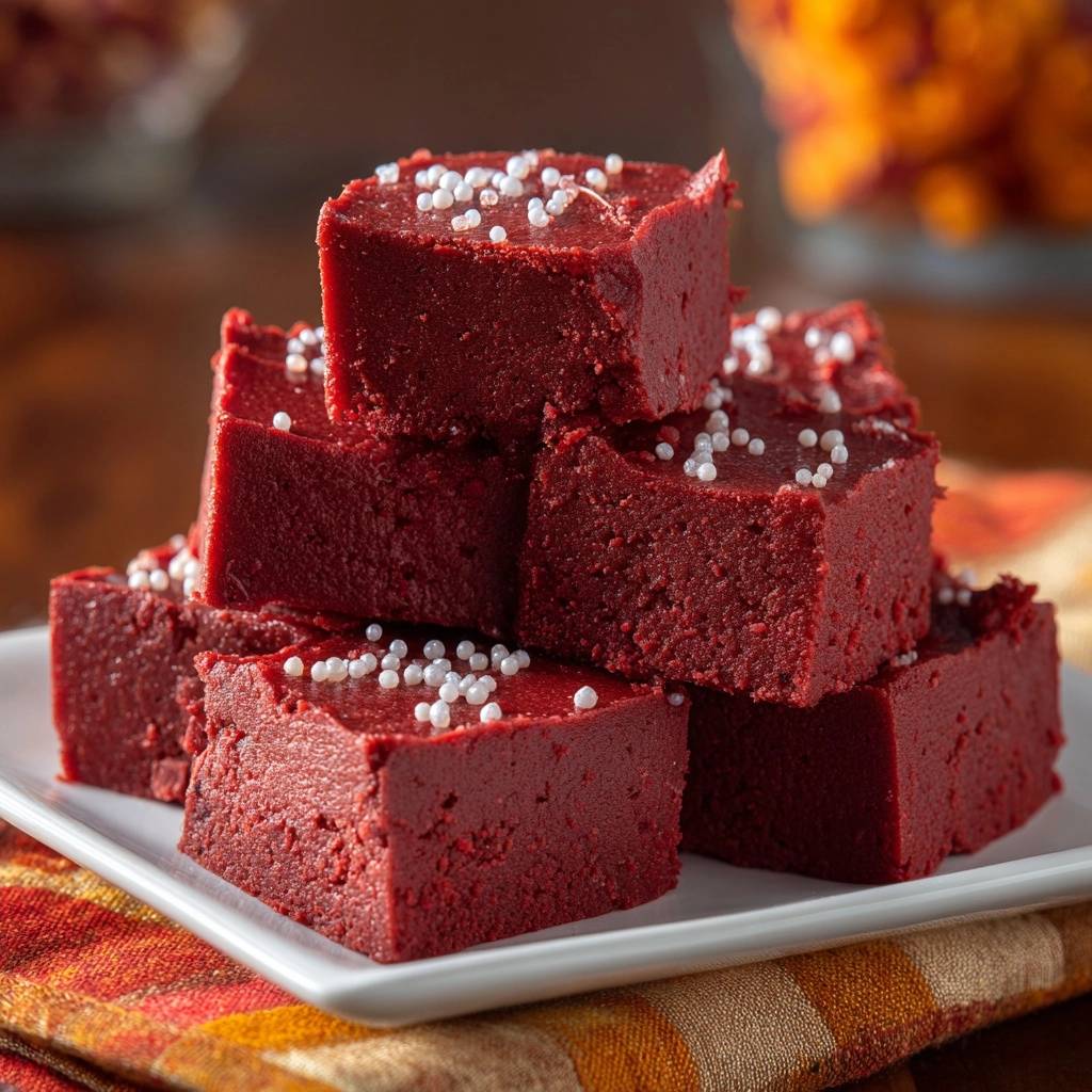 Cranberry Fudge Gestapelt Mit Streuseln 1 Cranberry-Fudge, gestapelt auf einem weißen Teller, garniert mit weißen Streuseln, präsentiert die leuchtend rote Farbe.