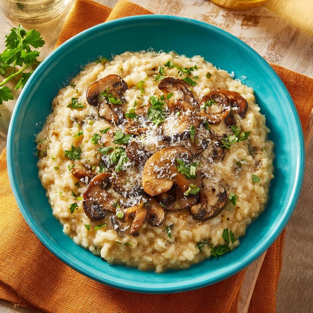 Cremig Champignon Risotto Draufsicht Serviert 1 Cremiges Champignon-Risotto, serviert in einer türkisfarbenen Schüssel, garniert mit frischer Petersilie und geriebenem Käse.