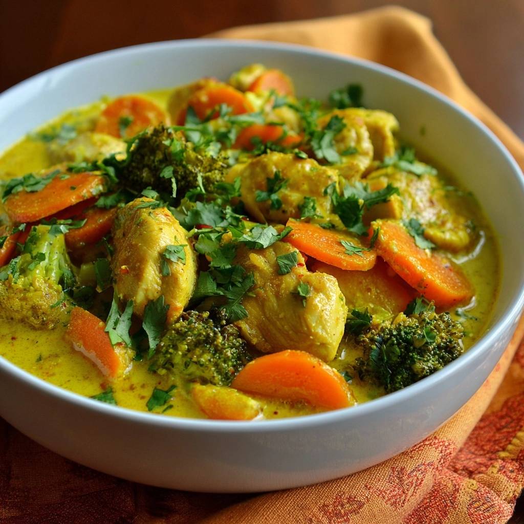 Cremig Huhn Brokkoli Curry Draufsicht 1 Cremiges Hähnchen-Brokkoli-Curry in einer weißen Schüssel von oben gesehen, garniert mit frischer Petersilie.