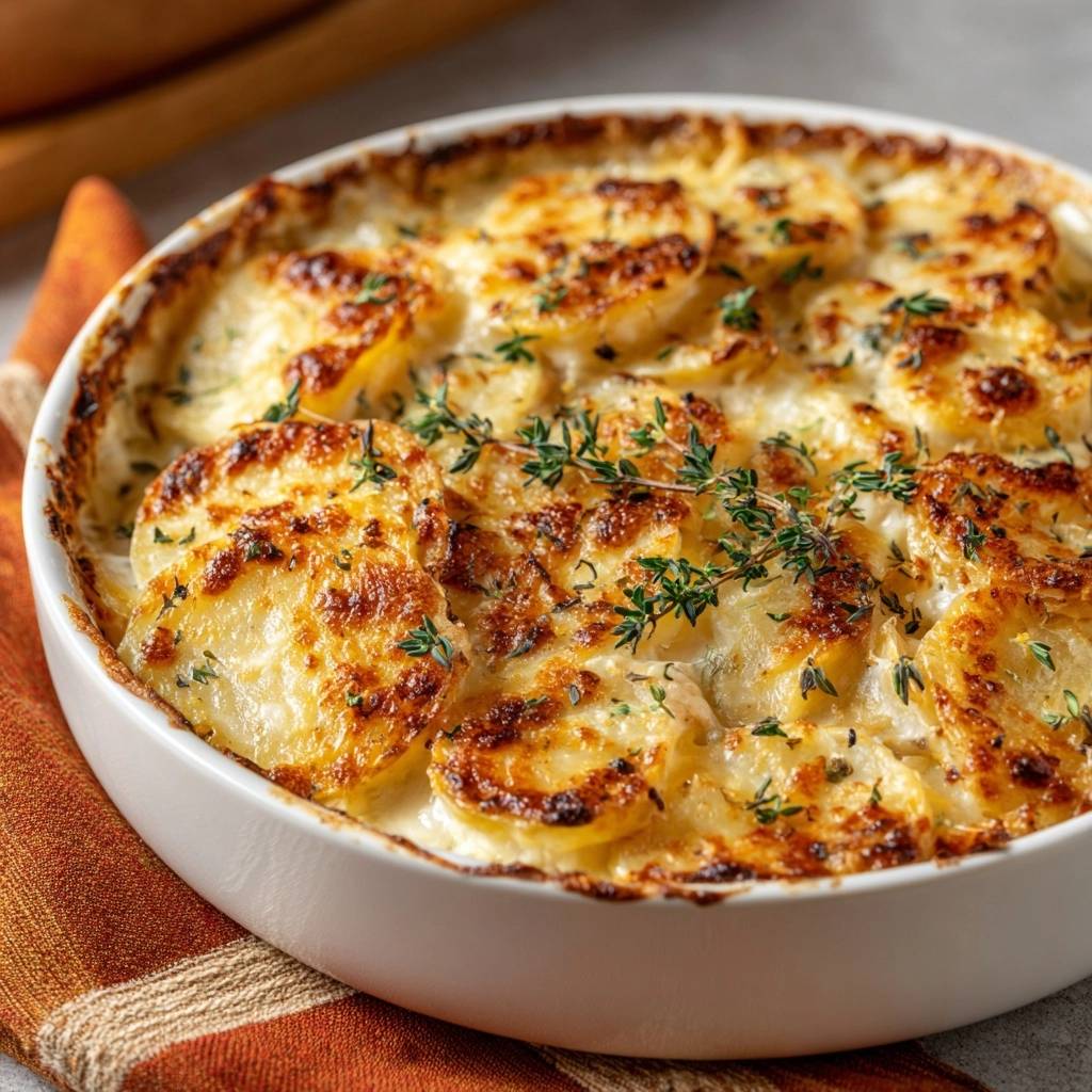 Cremiges Kartoffel-Gratin ohne wässrige Soße, serviert in einer weißen Auflaufform, garniert mit frischen Kräutern und von oben betrachtet.