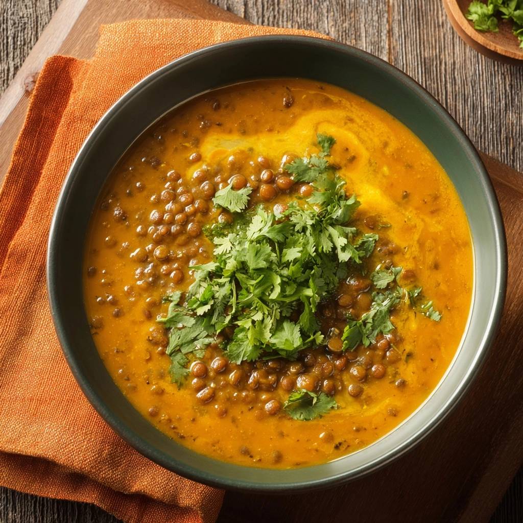 Cremiges Masoor Dal, serviert in einer Schüssel mit frischem Koriander, in einer Nahaufnahme von oben aufgenommen. Das Linsengericht ist cremig und appetitlich.