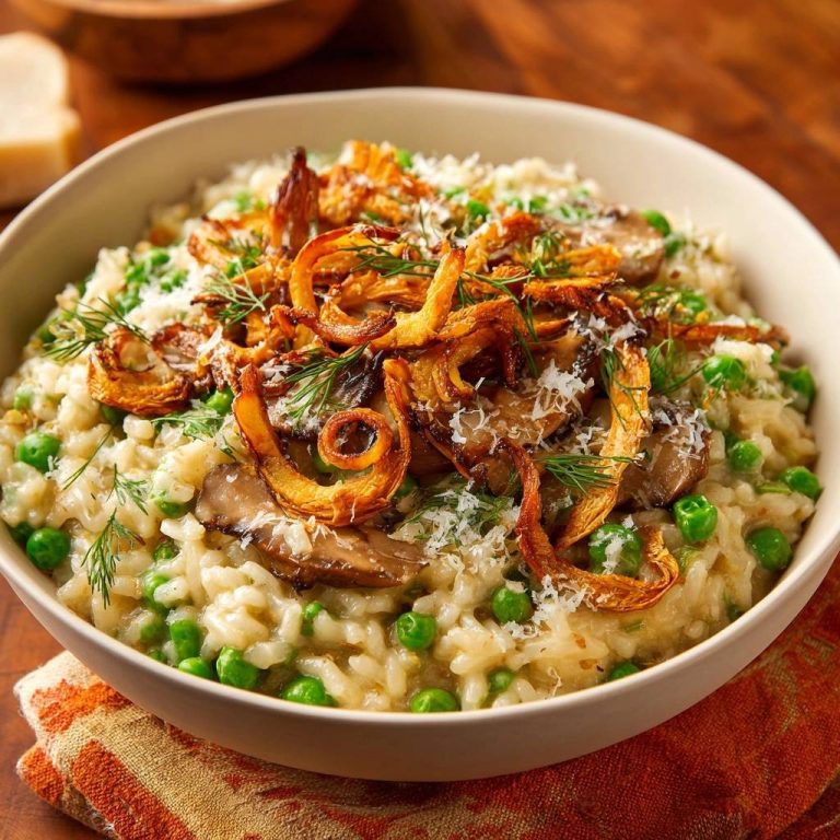 Cremiges Pilz-Erbsen-Risotto mit knusprigen Zwiebeln, serviert in einer Schüssel, mit knusprigen Zwiebeln und frischem Dill garniert.