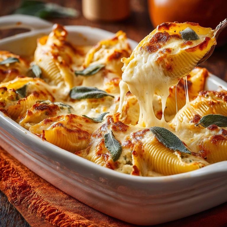 Cremig-überbackene Kürbis-Salbei-Conchiglie mit geschmolzenem Käse, der sich von einer Muschel auf einer Gabel zieht. Herrlich überbackene Pasta mit Salbei.