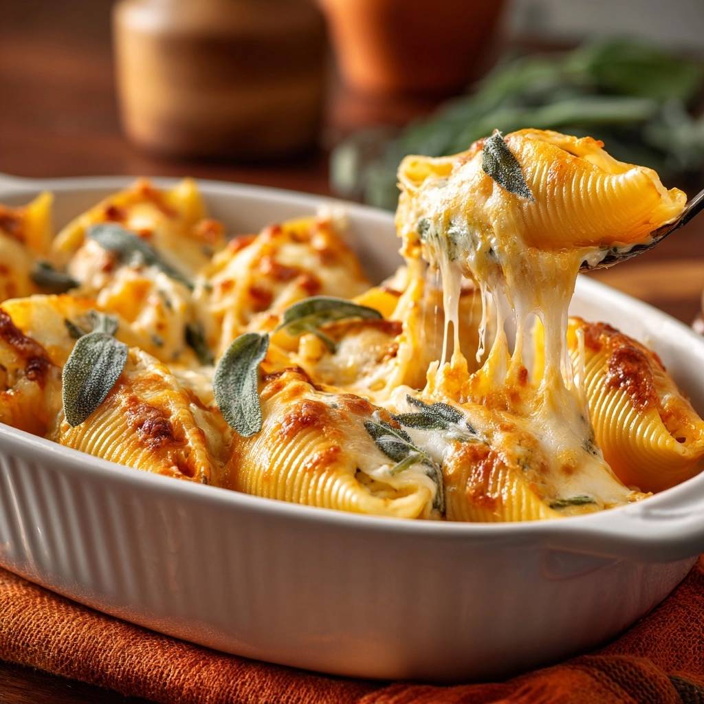 Cremig-überbackene Kürbis-Salbei-Conchiglie in Nahaufnahme, mit geschmolzenem Käse, der sich vom Löffel zieht und appetitlich aussieht.