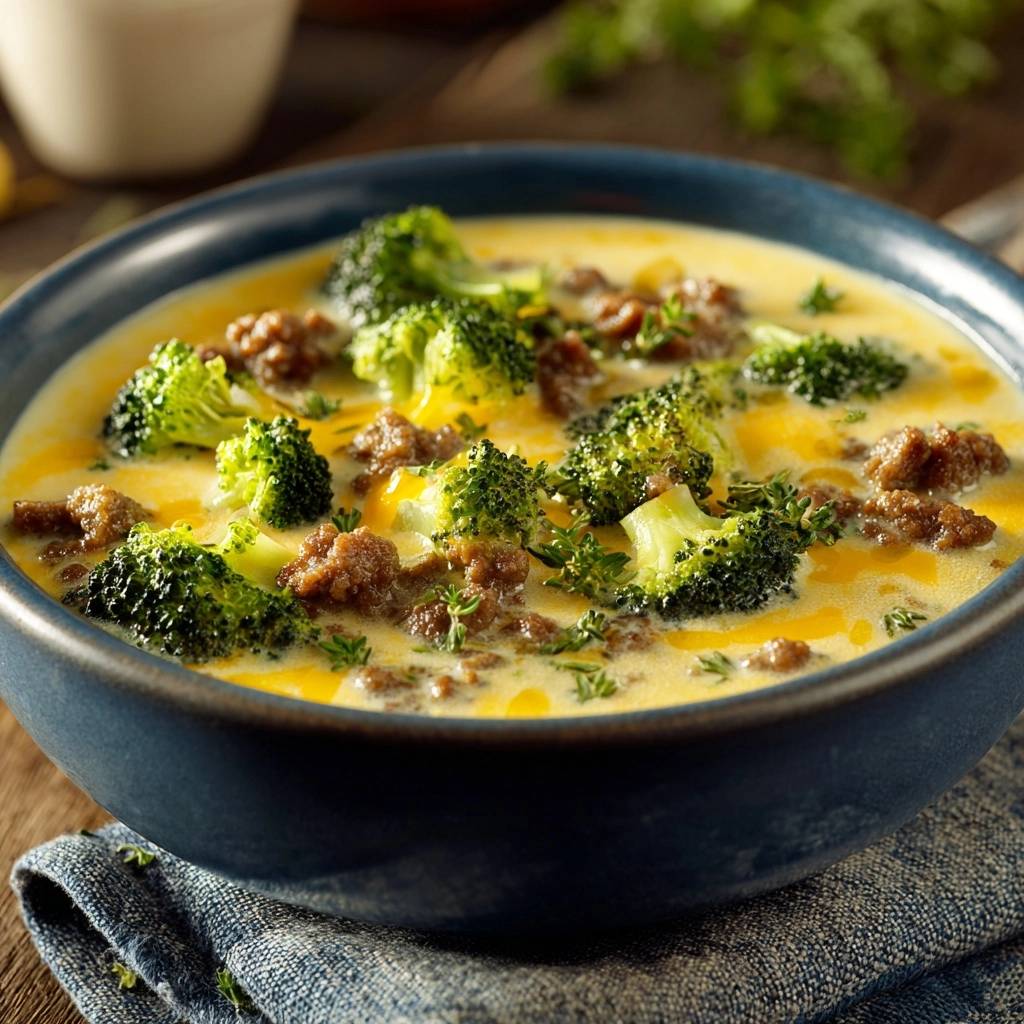 Cremige Brokkoli-Käse-Suppe mit Hackfleisch in Nahaufnahme, serviert in einer blauen Schüssel mit frischem Brokkoli und Hackfleisch.