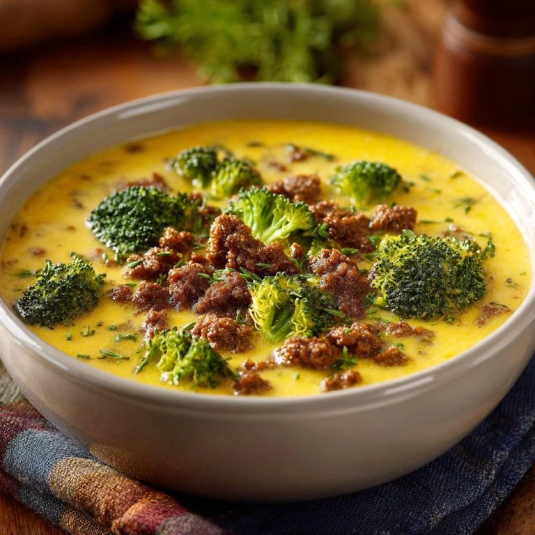 Cremige Brokkoli-Käse-Suppe mit Hackfleisch, serviert in einer cremigen Schüssel, präsentiert mit frischem Brokkoli und Hackfleisch.