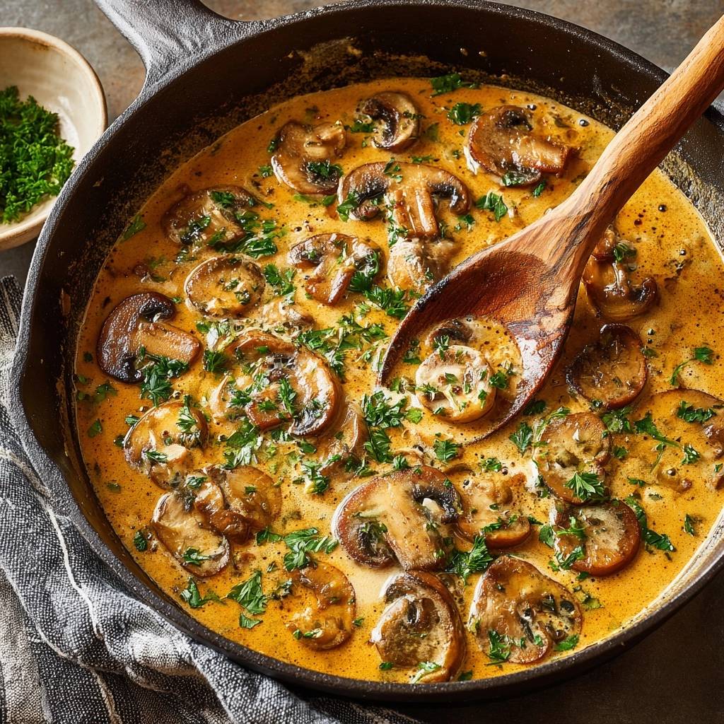 Cremige Champignons in Paprikasoße mit frischen Kräutern und einem Holzlöffel von oben gesehen, serviert in einer gusseisernen Pfanne.