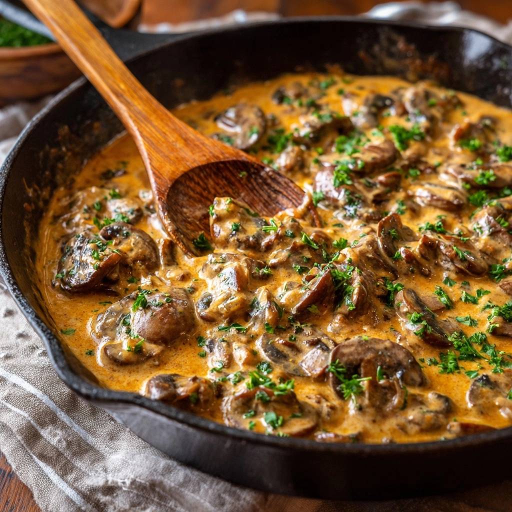 Cremige Champignons in Paprikasoße, eine Nahaufnahme des cremigen Pilzgerichts, das in einer Pfanne zubereitet und mit frischer Petersilie garniert wurde.