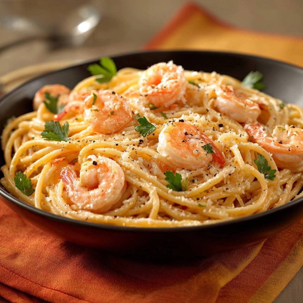 Cremige Garnelen Spaghetti Nahaufnahme Serviert 1 Cremige Garnelen-Spaghetti, serviert in einer tiefen schwarzen Schüssel, mit frischen Kräutern, Parmesankäse und perfekt gebratenen Garnelen.