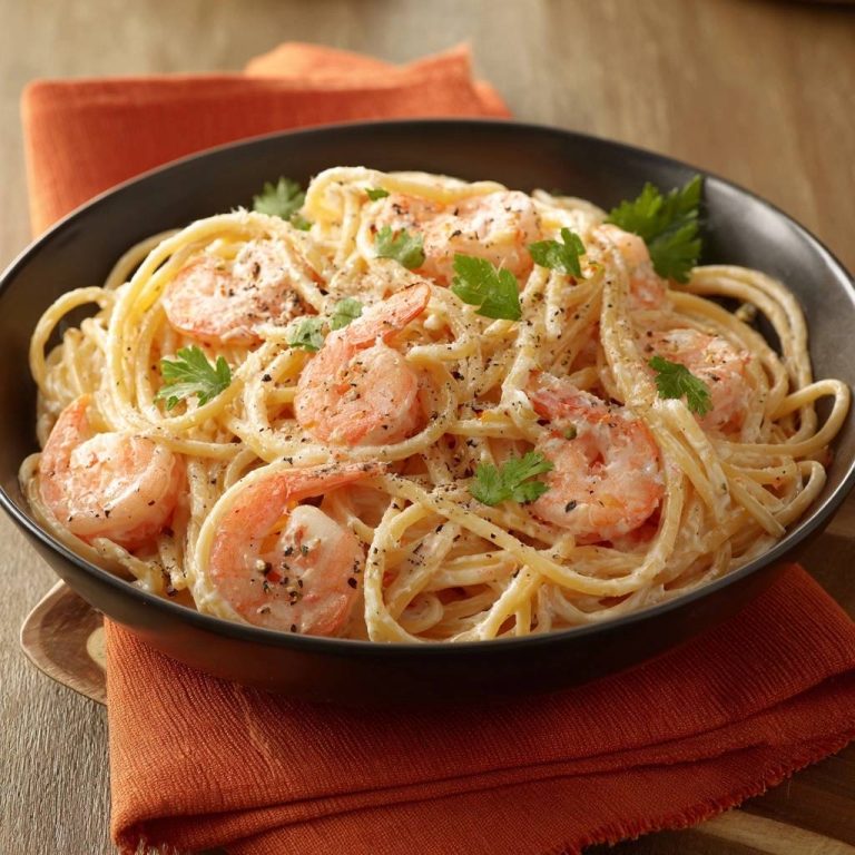 Cremige Garnelen-Spaghetti serviert in einer dunklen Schüssel. Das Gericht ist mit frischer Petersilie garniert und mit Pfeffer bestreut.
