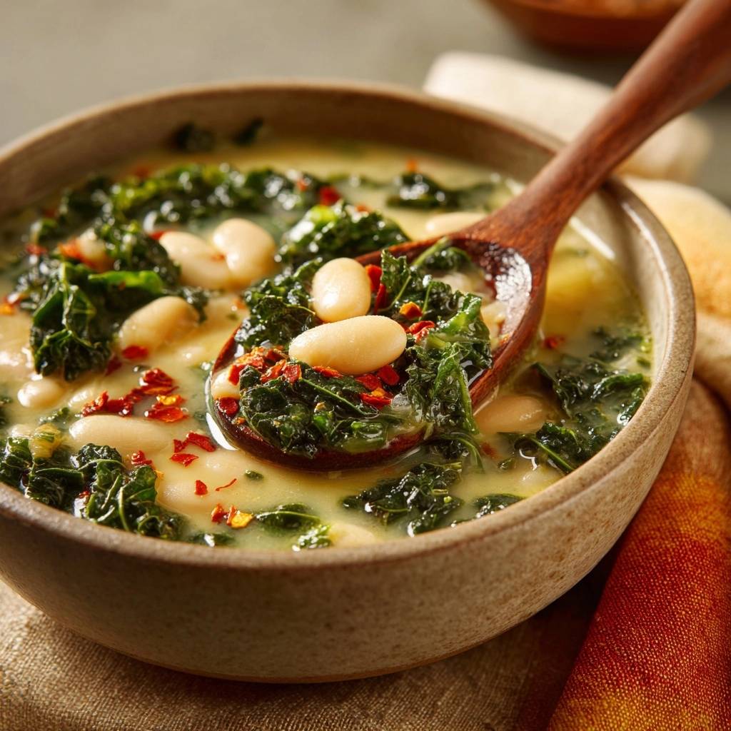 Cremige Grünkohl-Bohnen-Suppe in Nahaufnahme: Ein Löffel voll herzhafter Suppe mit Grünkohl, weißen Bohnen und Gewürzen.
