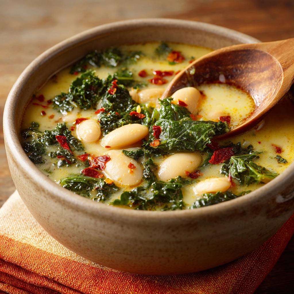 Cremige Grünkohl-Bohnen-Suppe in einer rustikalen Schüssel, Nahaufnahme mit einem Holzlöffel, der die cremige Textur zeigt.