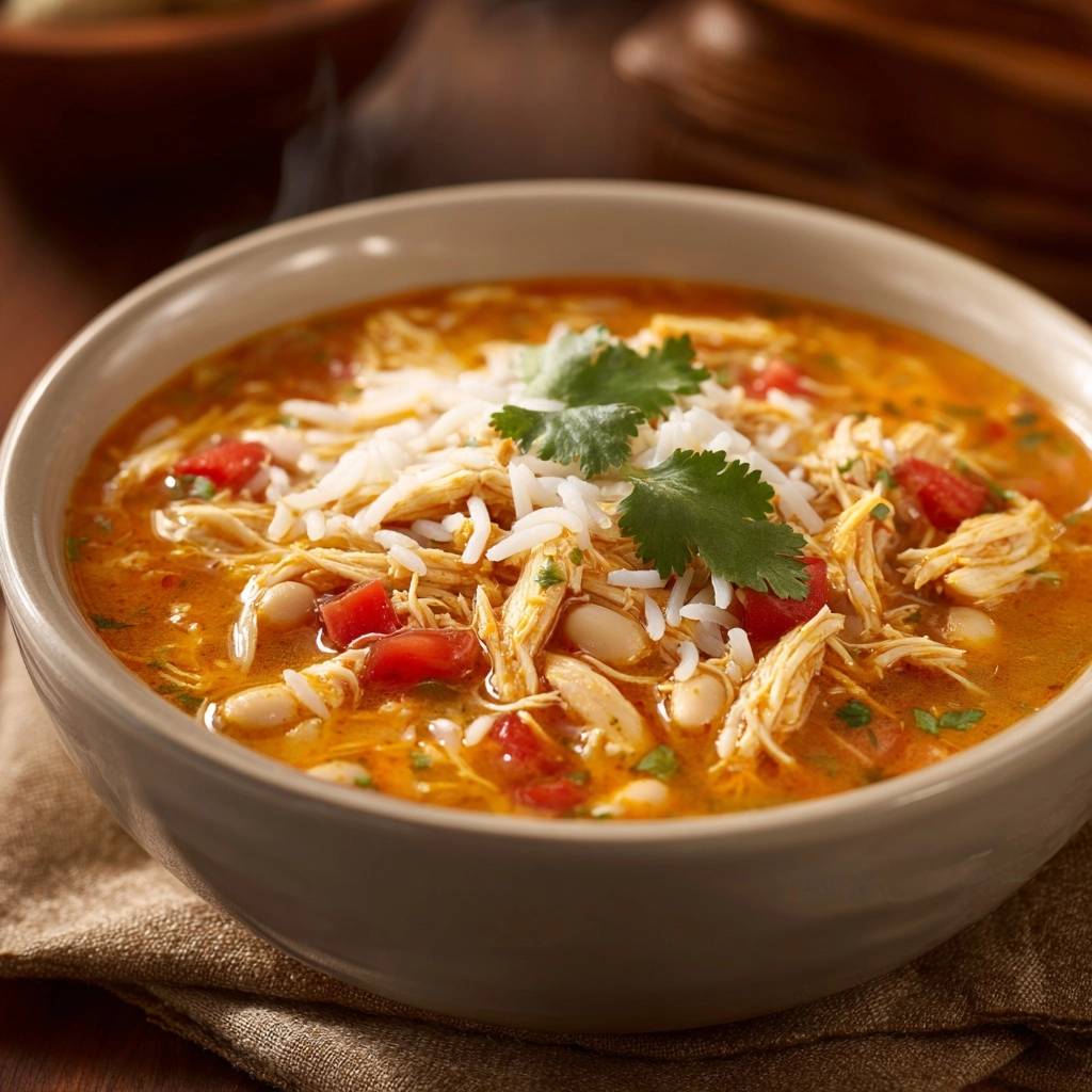 Cremige Haehnchen Bohnensuppe Detail Naheinstellung 1 Cremige Hähnchen-Bohnensuppe mit Reis und Koriander, detailreiche Nahaufnahme der Zutaten im Teller.