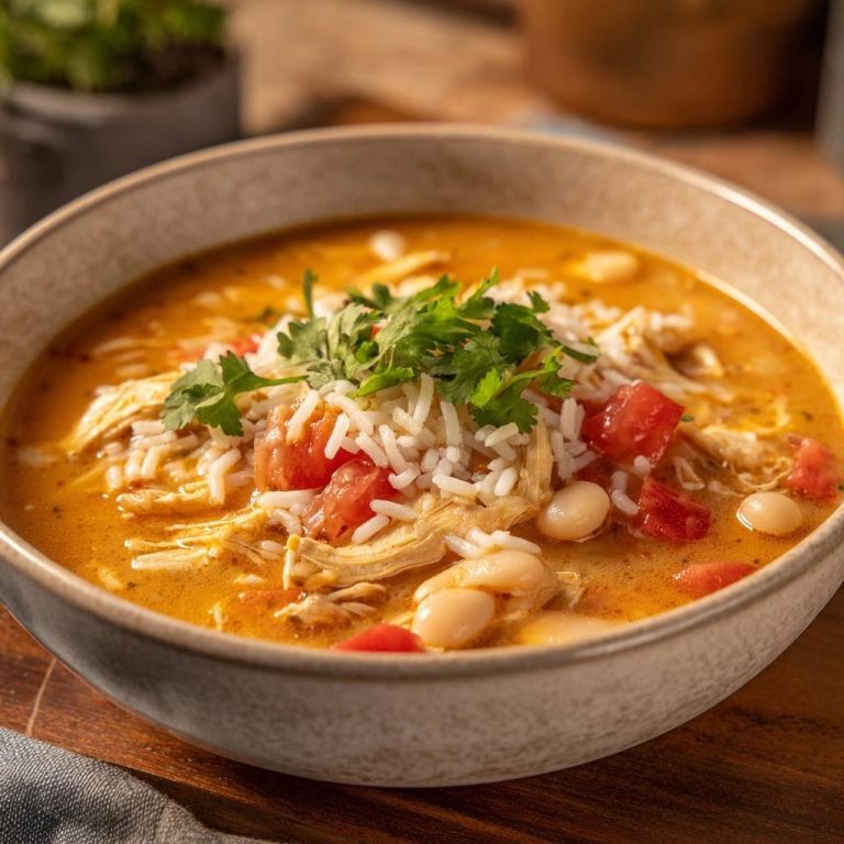 Cremige Hähnchen-Bohnensuppe mit Reis, serviert in einer Schüssel, garniert mit frischem Koriander, Reis und Tomatenstücken.