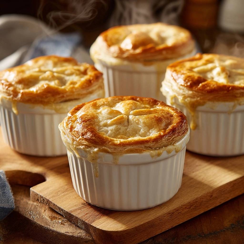 Cremige Hähnchen-Pot-Pies, frisch gebacken und dampfend, serviert in weißen Auflaufformen auf einem Holzbrett. Die goldbraune Kruste ist knusprig.