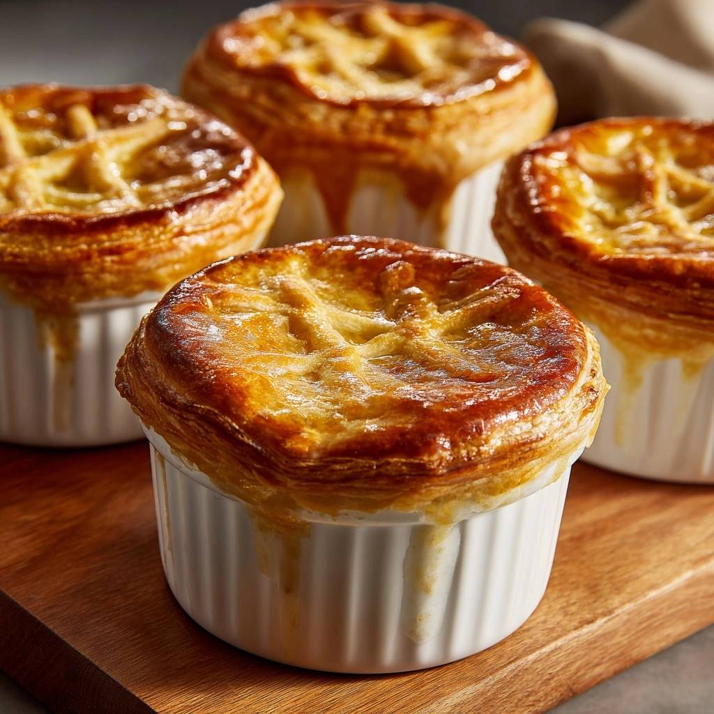 Cremige Hähnchen-Pot-Pies in einer Nahaufnahme, mit knusprigem Gebäck und saftiger Füllung, die aus den weißen Schalen quillt.