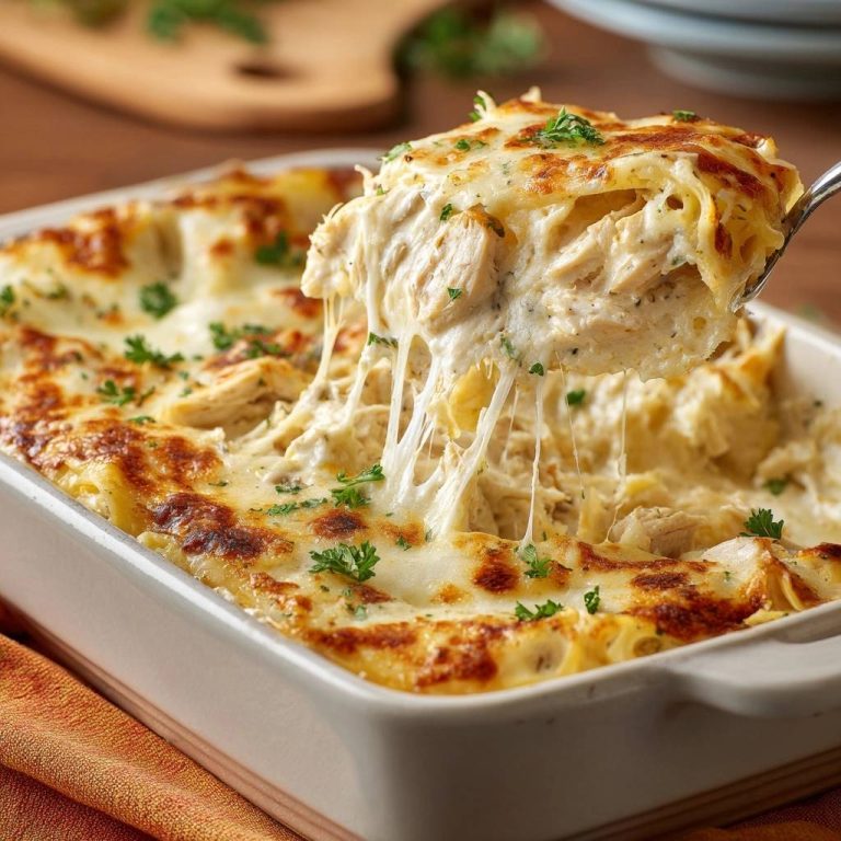 Cremige Hähnchen-Lasagne mit geschmolzenem Käse, der sich beim Abheben vom Auflauf zieht. Ein saftiges und einfaches Gericht, perfekt für jede Mahlzeit.