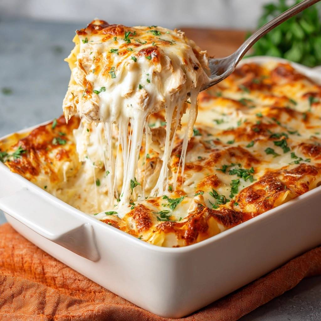 Cremige Huhnchen Lasagne Kaese Zieht 1 Cremige Hähnchen-Lasagne mit geschmolzenem Käse, der sich beim Abheben vom Auflauf zieht. Ein köstliches Gericht mit zartem Hähnchen und cremiger Sauce.