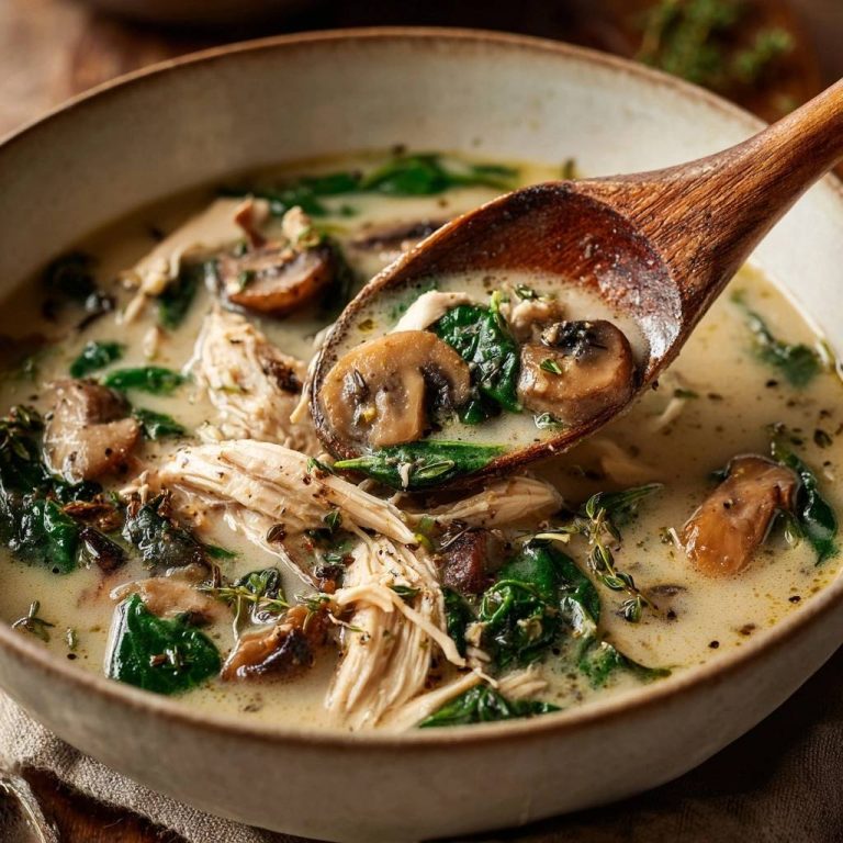 Cremige Hühner-Pilz-Spinat-Suppe in Nahaufnahme: Ein Holzlöffel hebt die cremige Suppe mit Hühnchen, Pilzen und Spinat hervor.