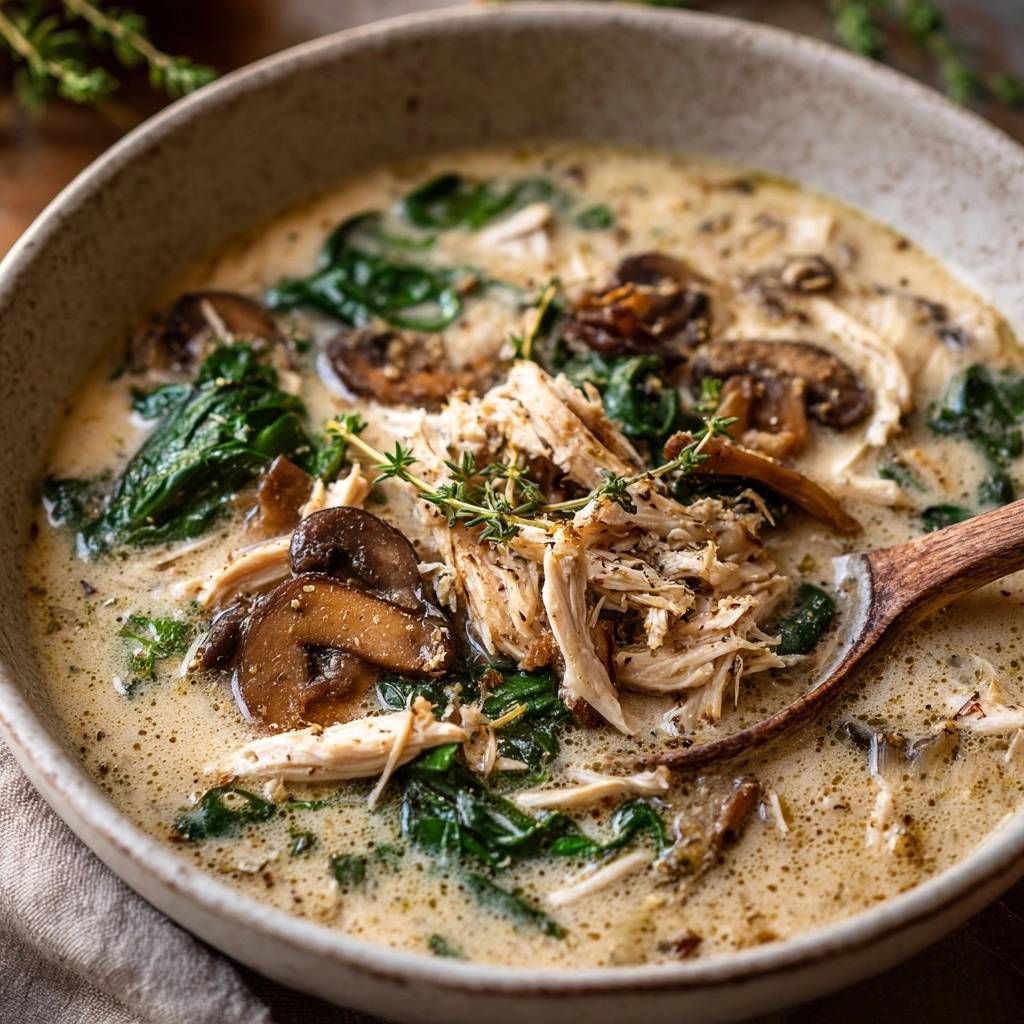 Cremige Hühner-Pilz-Spinat-Suppe in einer Nahaufnahme, die die cremige Textur, die Pilze, den Spinat und das Hühnerfleisch zeigt.