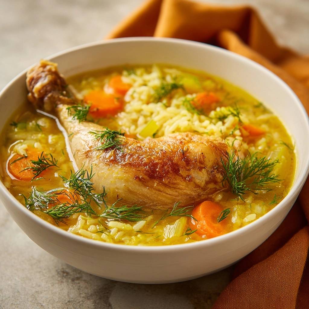 Cremige Huhnersuppe Mit Reis Und Dill Nahaufnahme 1 Cremige Hühnersuppe mit Reis und Dill, serviert in einer Schüssel, mit knuspriger Hähnchenkeule und frischem Dill garniert.