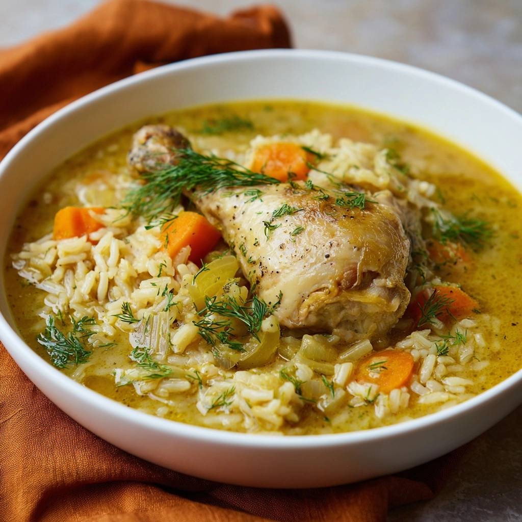 Cremige Hühnersuppe mit Reis und Dill, serviert in einer weißen Schüssel, garniert mit frischem Dill. Das Gericht zeigt die perfekte Balance von Hühnchen, Reis und Gemüse.