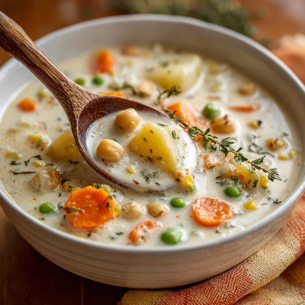 Cremige Kartoffel Gemuese Suppe Mit Kichererbsen Im Loeffel 1 Cremige Kartoffel-Gemüse-Suppe mit Kichererbsen, serviert in einer Schüssel, mit einem Löffel voll mit Gemüse und dicker Sauce.