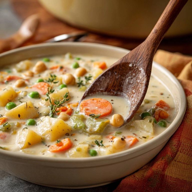 Cremige Kartoffel-Gemüse-Suppe mit Kichererbsen in Nahaufnahme, serviert in einer cremefarbenen Schüssel, mit einem Kochlöffel zum Servieren.