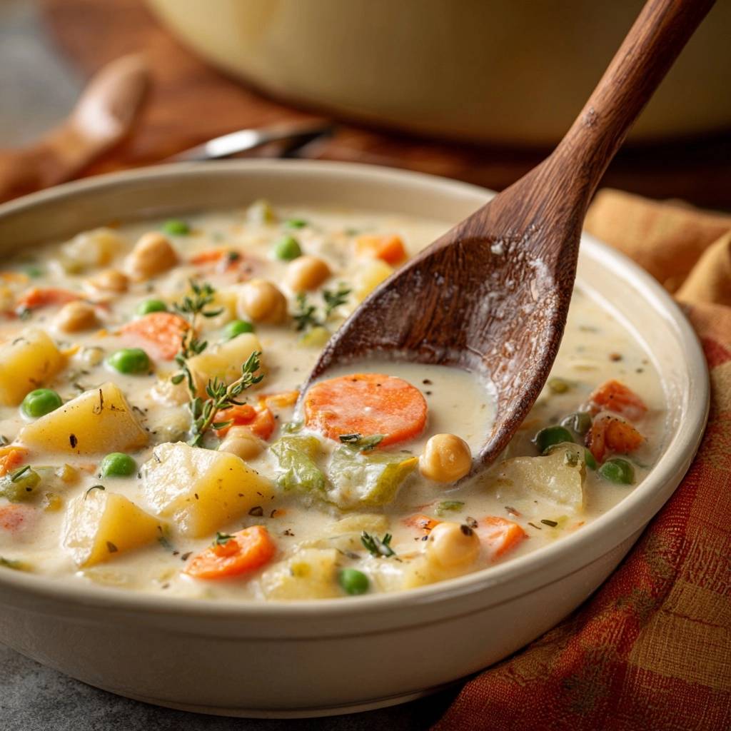 Cremige Kartoffel-Gemüse-Suppe mit Kichererbsen in Nahaufnahme, serviert in einer cremefarbenen Schüssel, mit einem Kochlöffel zum Servieren.