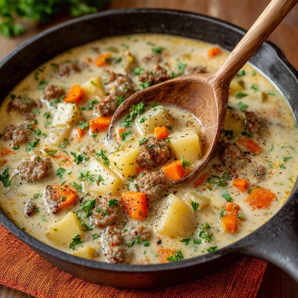 Cremige Kartoffel-Hackfleisch-Suppe in einer Gusseisenpfanne, serviert mit einem Holzlöffel, der die Zutaten zeigt.