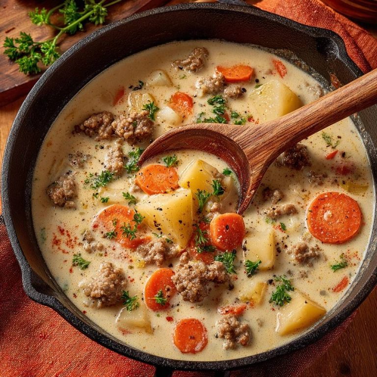 Cremige Kartoffel-Hackfleisch-Suppe in einer gusseisernen Pfanne, serviert mit einem Holzlöffel, von oben betrachtet. Die cremige Suppe ist mit Gemüse garniert.