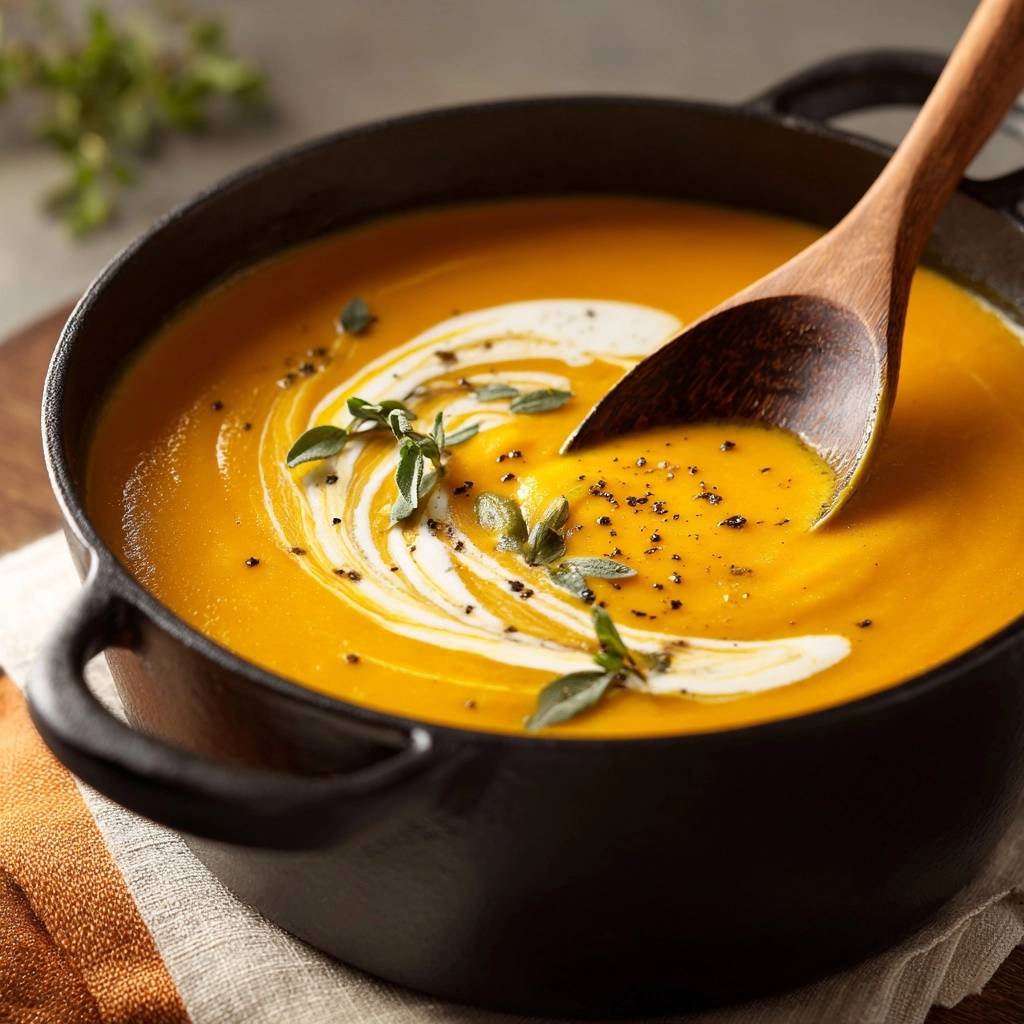 Cremige Kuerbissuppe Garniert Nahaufnahme 1 Cremige Kürbissuppe, garniert mit frischen Kräutern und einem Klecks Sahne, in einer schwarzen Kochtopf-Nahaufnahme. Der cremige Eintopf ist mit Pfeffer bestreut.