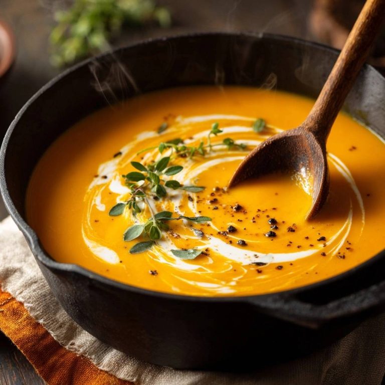 Cremige Kürbissuppe in der Gusspfanne, nahaufnahme mit einem Holzlöffel, garniert mit frischen Kräutern und einem Sahnewirbel.