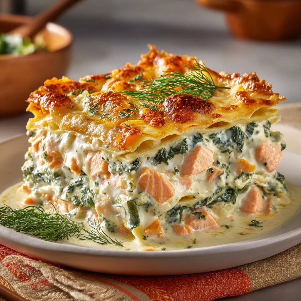 Cremige Lachs Spinat Lasagne Querschnitt 1 2 Cremige Lachs-Spinat-Lasagne in Nahaufnahme zeigt einen saftigen Querschnitt, der die cremigen Schichten mit Lachs und Spinat offenbart.