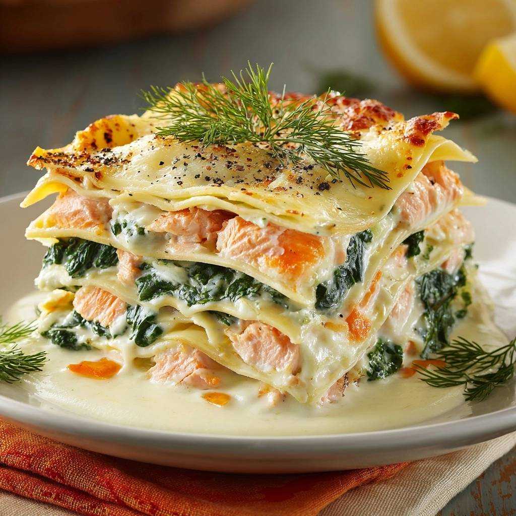 Cremige Lachs-Spinat-Lasagne zeigt einen appetitlichen Querschnitt mit geschichteten Lachs-, Spinat- und Lasagne-Schichten, serviert mit cremiger Sauce.