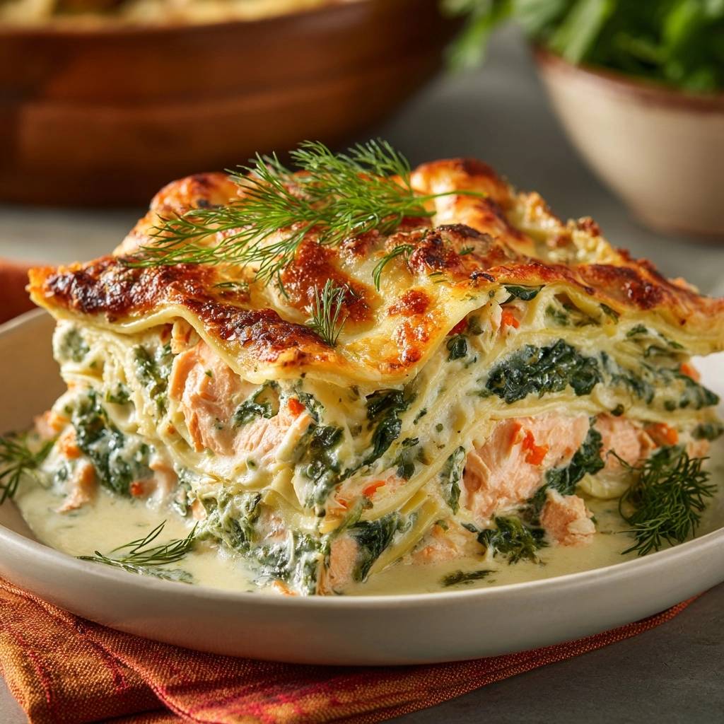 Cremige Lachs-Spinat-Lasagne im Anschnitt, die cremige Schichten aus Lachs, Spinat und Nudeln zeigt, serviert auf einem weißen Teller.