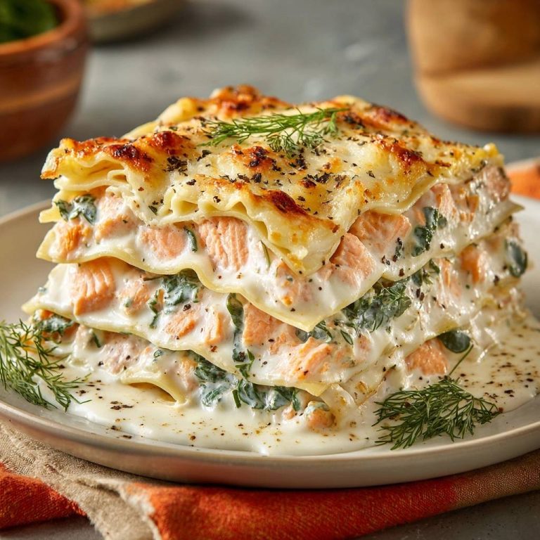 Cremige Lachs-Spinat-Lasagne zeigt einen appetitlichen Querschnitt mit geschichteten Nudeln, Lachs und cremigem Spinat in einer köstlichen Sauce.