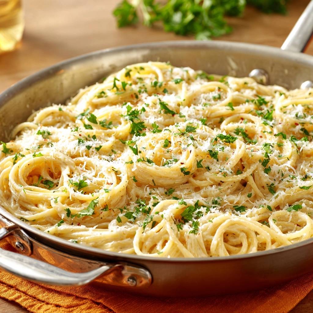 Cremige Parmesan Spaghetti Draufsicht Serviert 1 2 Cremige Parmesan-Spaghetti, serviert in einer Pfanne, mit frischer Petersilie und geriebenem Parmesan garniert. Ein köstliches und einfaches Gericht.
