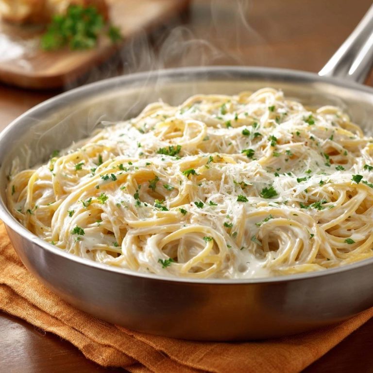 Cremige Parmesan-Spaghetti in einer Pfanne, die frisch zubereitet wurde und mit Dampf aufsteigt und mit Petersilie garniert ist.