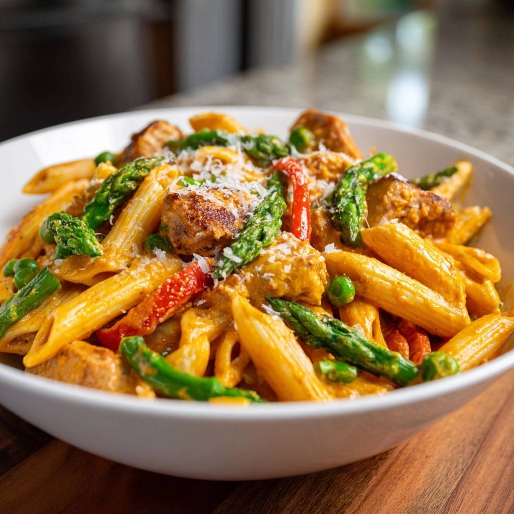 Cremige Penne mit Hähnchen, Spargel und Paprika serviert in einer weißen Schüssel auf einem Holzbrett, garniert mit Parmesan.