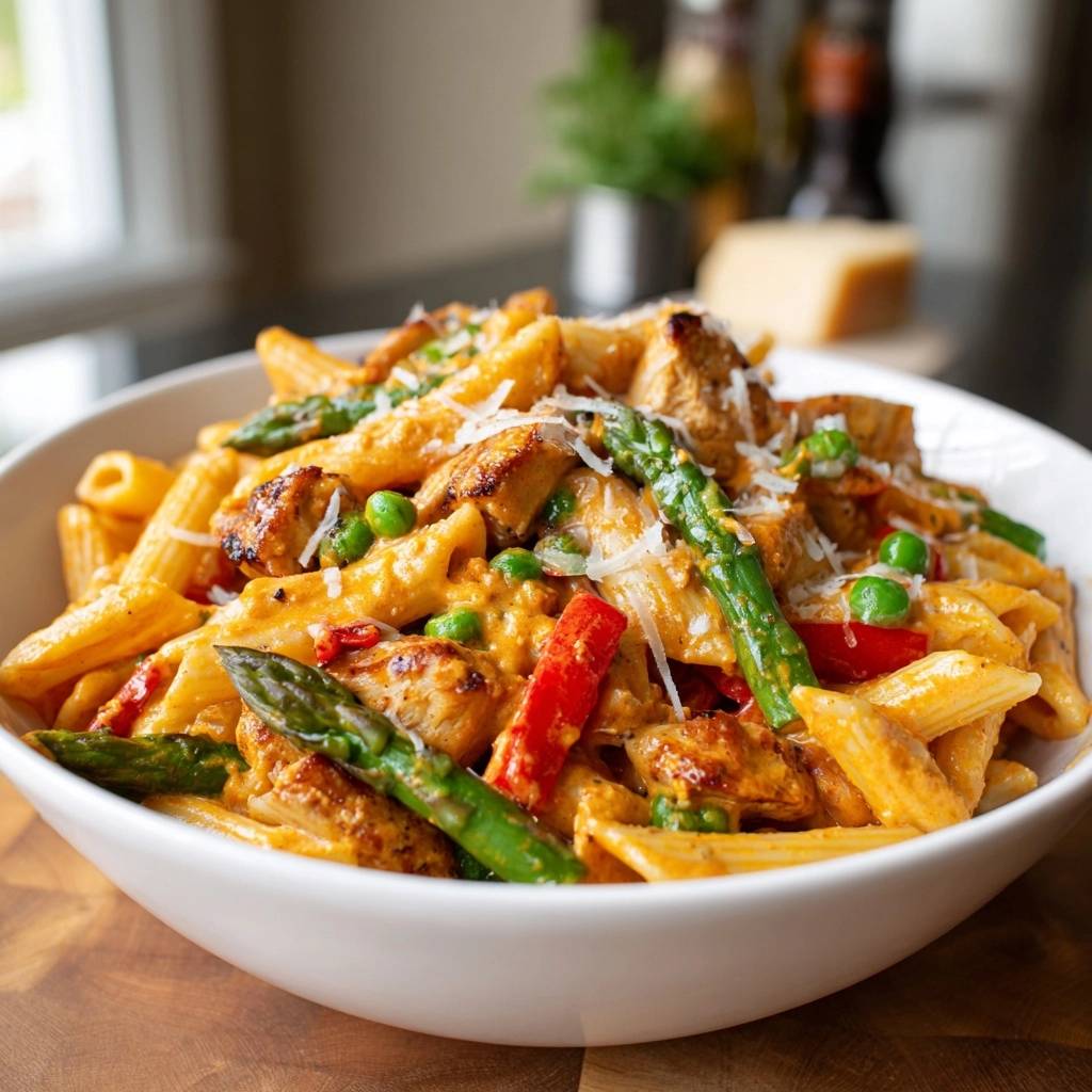 Cremige Penne mit Hähnchen, Spargel und Paprika in einer großen Schüssel, serviert mit frischem Parmesan und einer Draufsicht.