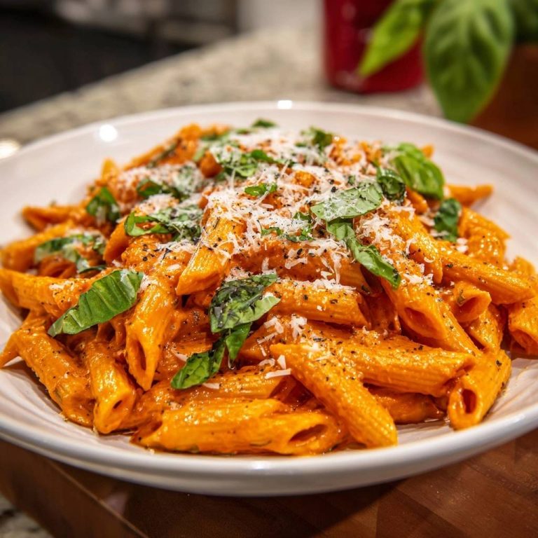 Cremige Penne mit Tomatensauce, garniert mit frischem Basilikum und geriebenem Parmesan, serviert in einer weißen Schüssel.