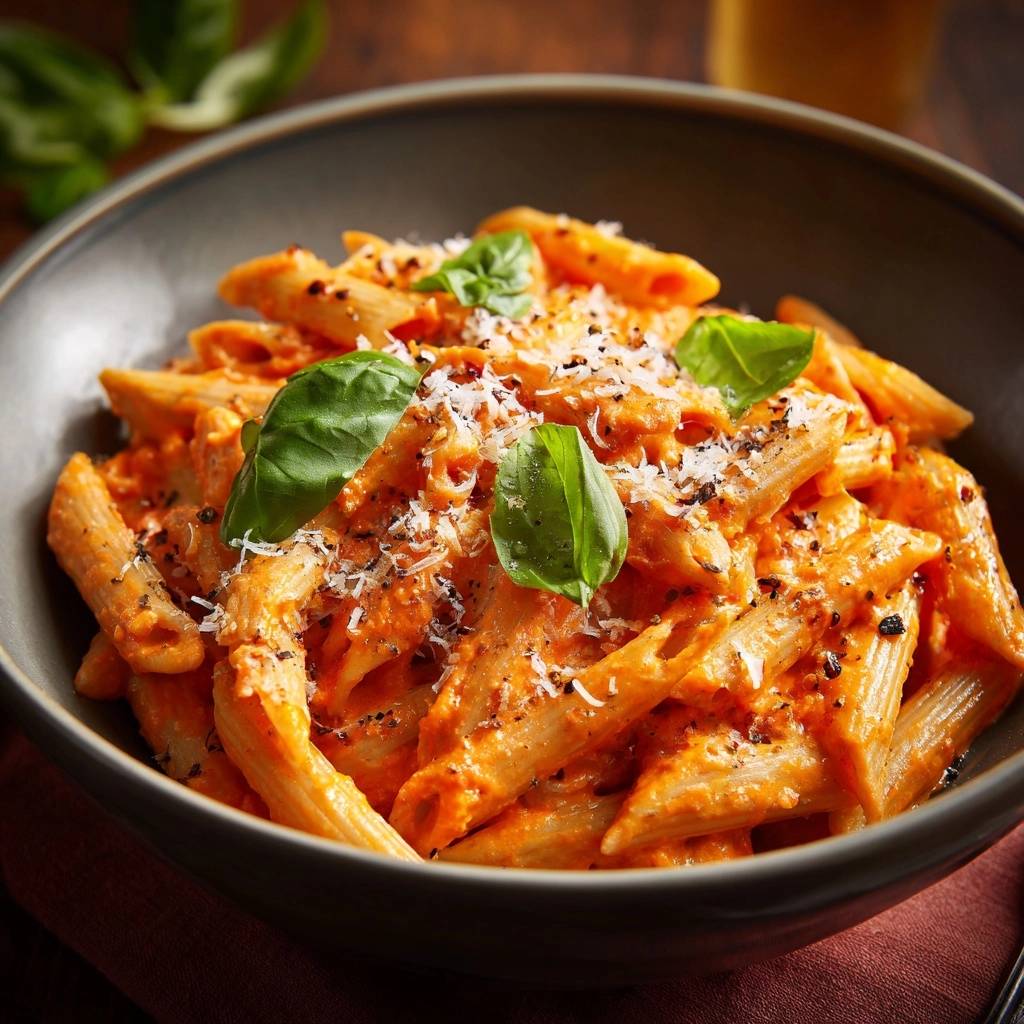 Cremige Penne mit Tomatensauce serviert in einer rustikalen Schüssel, garniert mit frischem Basilikum und geriebenem Käse.