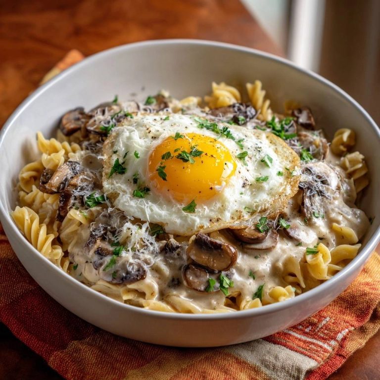 Cremige Pilz-Fusilli mit Spiegelei in einer Schüssel, serviert mit einem perfekt gebratenen Ei und frischen Kräutern.