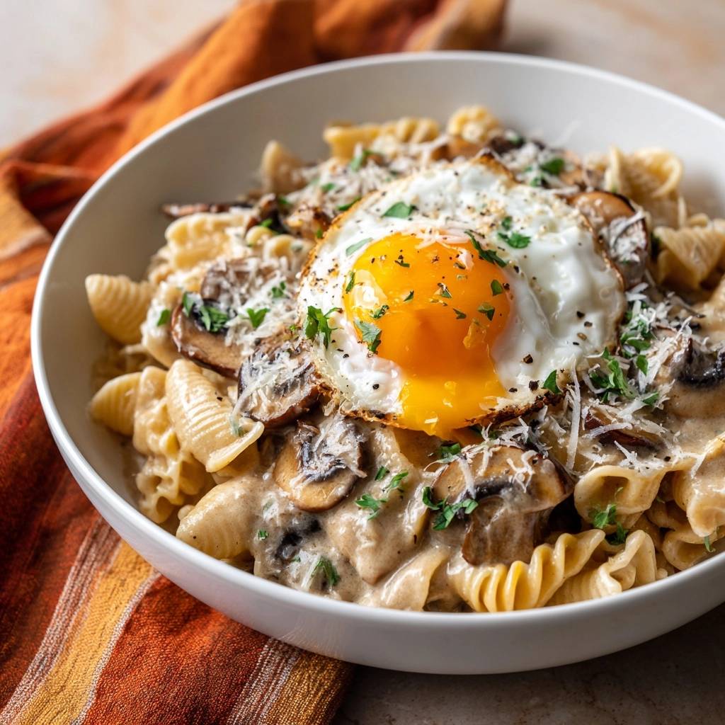 Cremige Pilz-Fusilli mit Spiegelei, nahaufnahme des perfekt gebratenen Eis mit flüssigem Eigelb, umgeben von Pasta und Pilzen.
