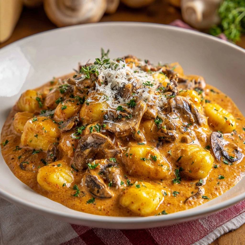 Cremige Pilz Gnocchi Serviert Draufsicht 1 Cremige Pilz-Gnocchi, serviert in einer Schüssel, mit cremiger Sauce, Pilzen, Gnocchi und frisch geriebenem Käse, von oben fotografiert.