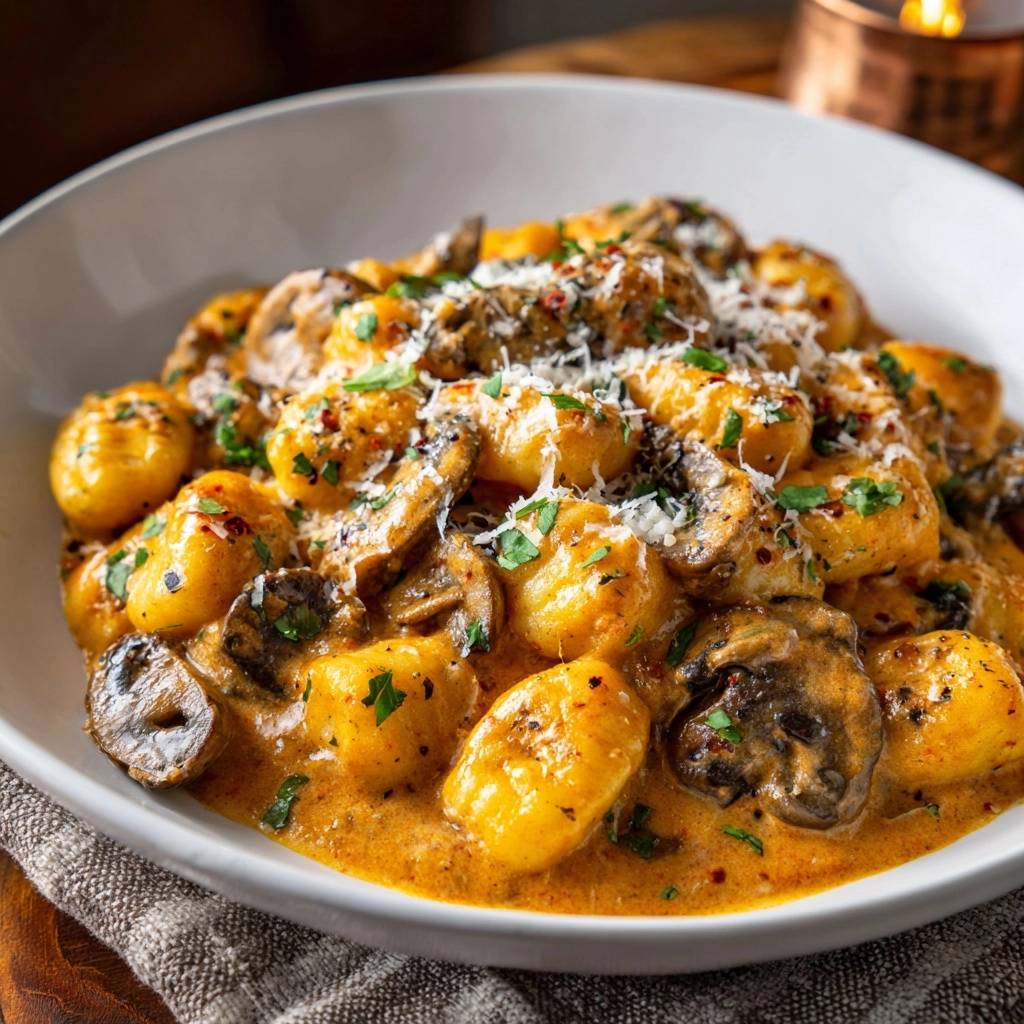 Cremige Pilz-Gnocchi, serviert in einer weißen Schüssel. Gnocchi mit cremiger Sauce, frischen Kräutern und geriebenem Käse garniert.
