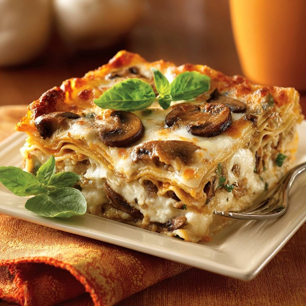 Cremige Pilz-Lasagne im Anschnitt, die Schichten mit Pilzen und Käse deutlich zeigend, serviert auf einem Teller und garniert mit frischem Basilikum.