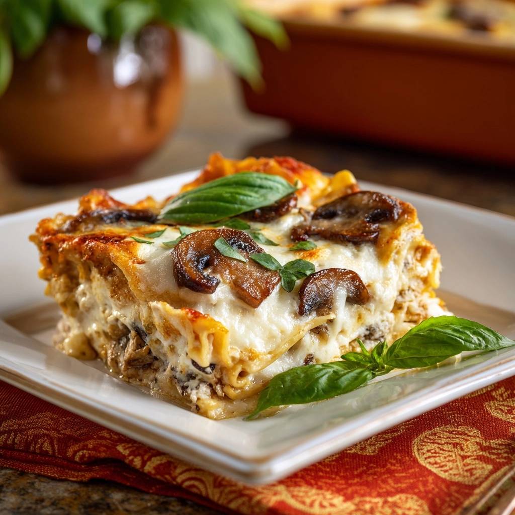 Cremige Pilz-Lasagne in einer Nahaufnahme, serviert auf einem weißen Teller, mit frischen Basilikumblättern garniert und einem saftigen Querschnitt.